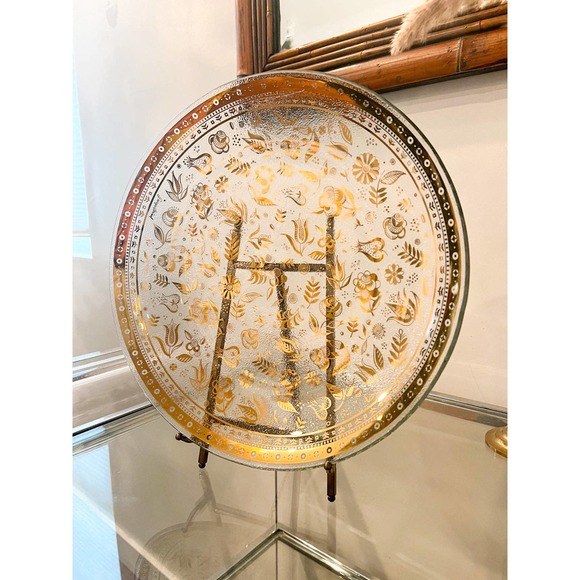 Georges Briard Large Gold Glass Floral Serving Plate - Picture 4 of 7